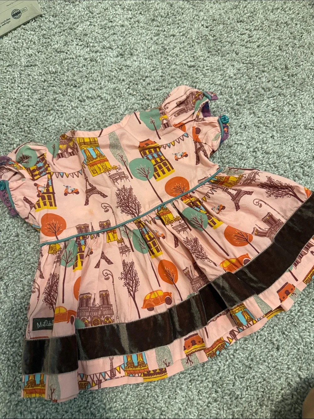 Matilda Jane Pink Paris-Print Dress with Brown Velvet Trim